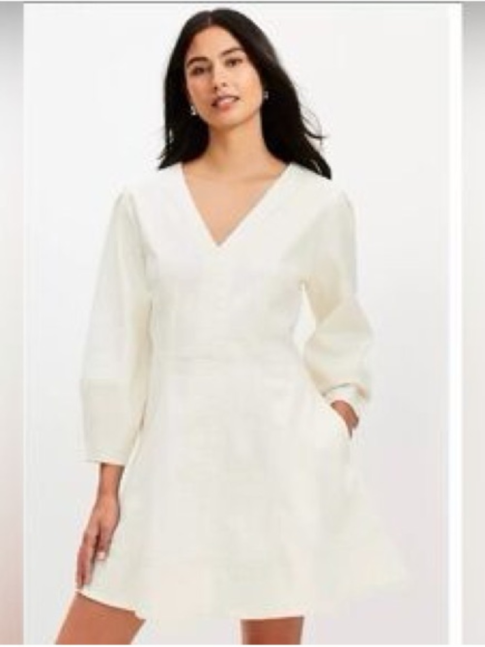 LOFT Cream V-Neck Long Sleeve A-Line Dress